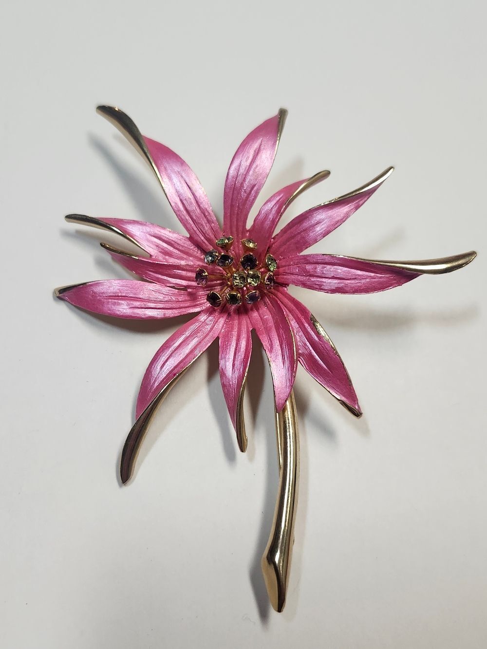 Large Vintage Enameled Figural Flower Metallic Pink Brooch Gold Tone Rhinestones